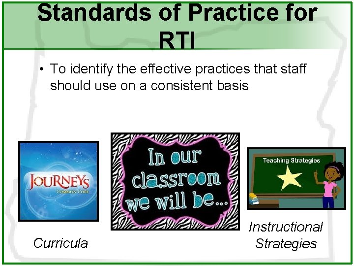 Standards of Practice for RTI • To identify the effective practices that staff should