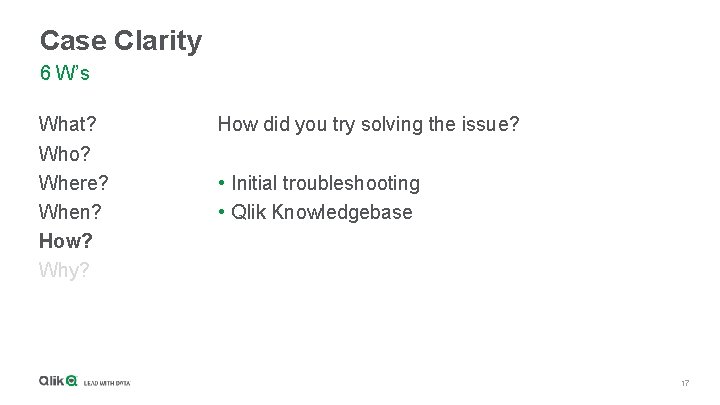 Case Clarity 6 W’s What? Who? Where? When? How? Why? How did you try