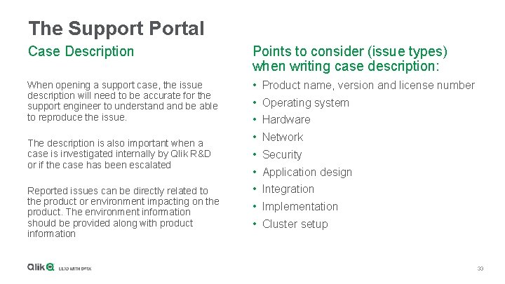 The Support Portal Case Description Points to consider (issue types) when writing case description: