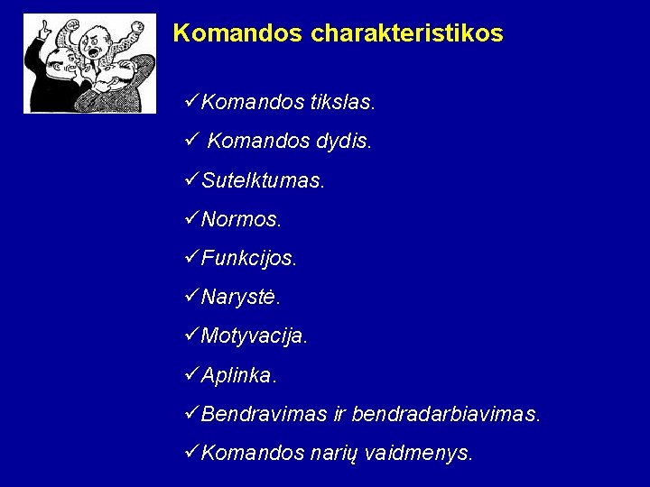 Komandos charakteristikos üKomandos tikslas. ü Komandos dydis. üSutelktumas. üNormos. üFunkcijos. üNarystė. üMotyvacija. üAplinka. üBendravimas