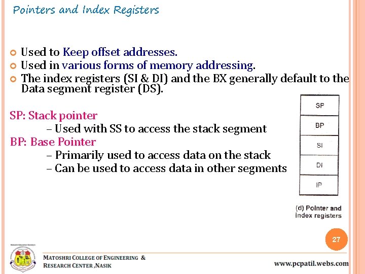 Pointers and Index Registers Used to Keep offset addresses. Used in various forms of