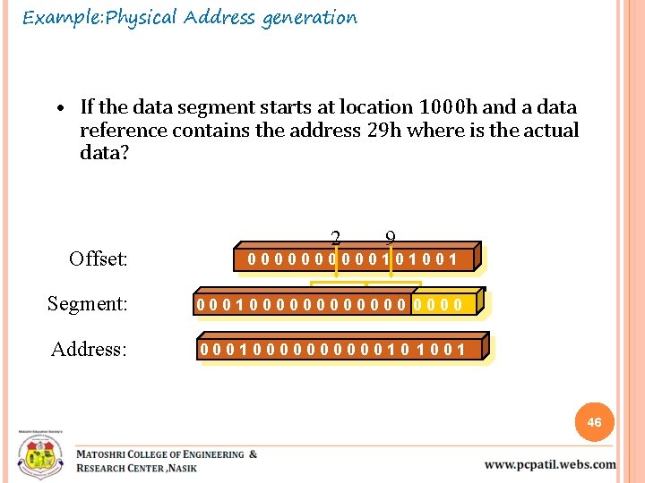 Example: Physical Address generation • If the data segment starts at location 1000 h