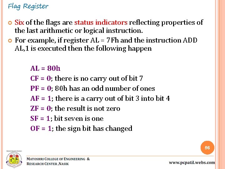 Flag Register Six of the flags are status indicators reflecting properties of the last