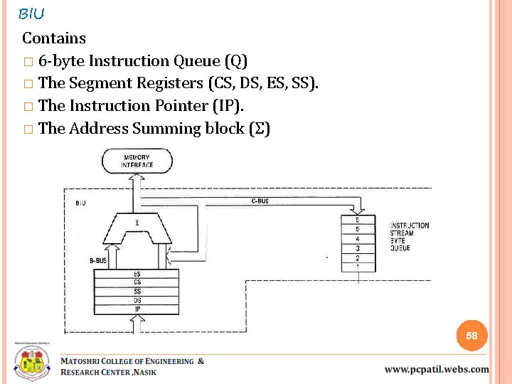 BIU Contains � 6 -byte Instruction Queue (Q) � The Segment Registers (CS, DS,