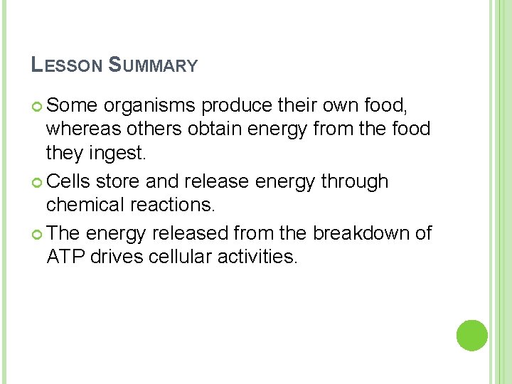 LESSON SUMMARY Some organisms produce their own food, whereas others obtain energy from the