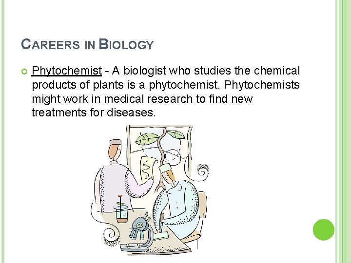 CAREERS IN BIOLOGY Phytochemist - A biologist who studies the chemical products of plants