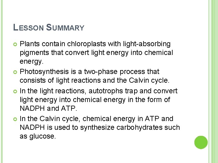 LESSON SUMMARY Plants contain chloroplasts with light-absorbing pigments that convert light energy into chemical