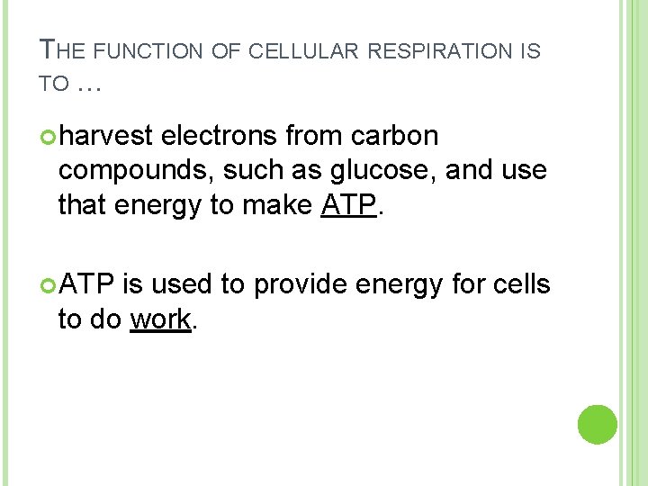 THE FUNCTION OF CELLULAR RESPIRATION IS TO … harvest electrons from carbon compounds, such