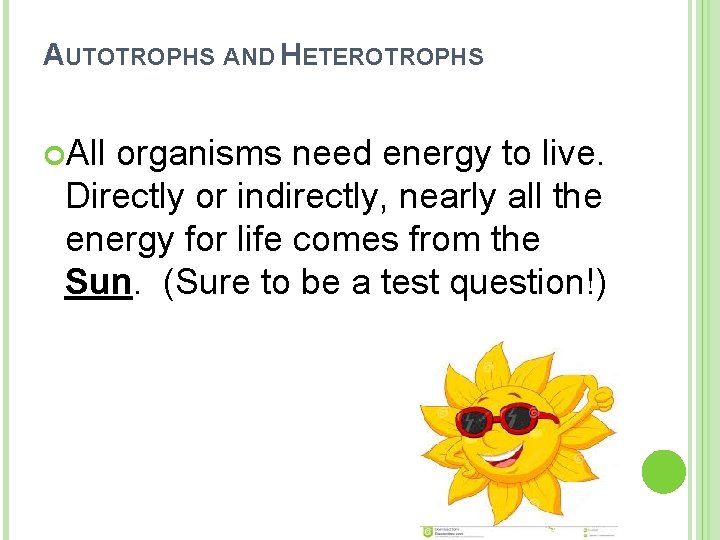 AUTOTROPHS AND HETEROTROPHS All organisms need energy to live. Directly or indirectly, nearly all