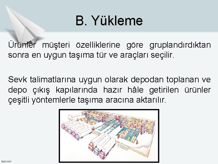 B. Yükleme Ürünler müşteri özelliklerine göre gruplandırdıktan sonra en uygun taşıma tür ve araçları B. Yükleme Ürünler müşteri özelliklerine göre gruplandırdıktan sonra en uygun taşıma tür ve araçları