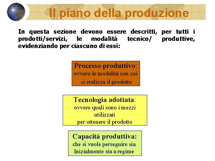 Il piano della produzione In questa sezione devono essere descritti, per tutti i prodotti/servizi,