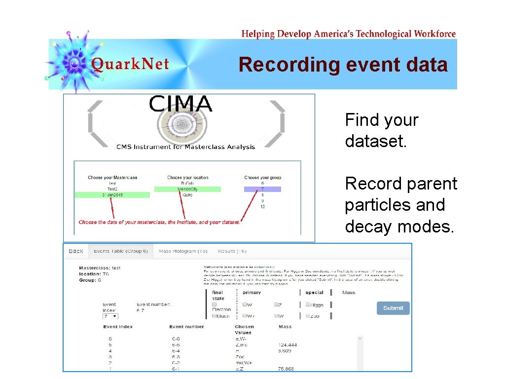 Recording event data Find your dataset. Record parent particles and decay modes. 