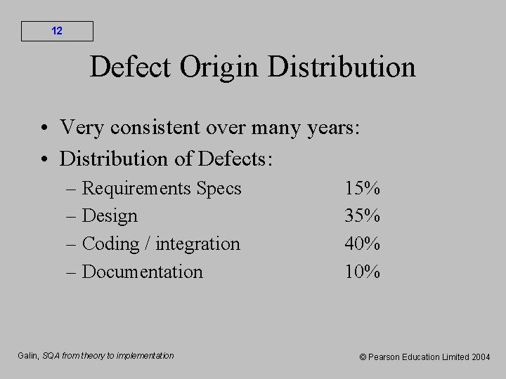 12 Defect Origin Distribution • Very consistent over many years: • Distribution of Defects: