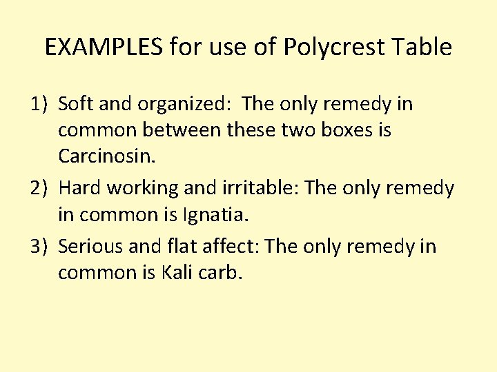 EXAMPLES for use of Polycrest Table 1) Soft and organized: The only remedy in