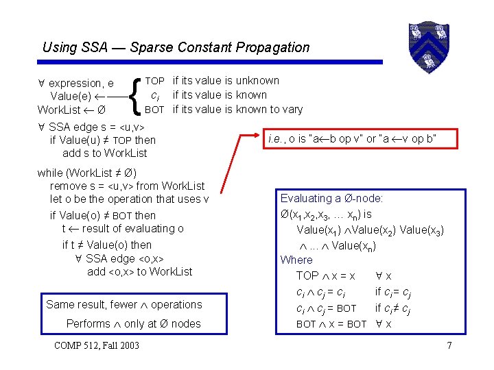 Using SSA — Sparse Constant Propagation expression, e Value(e) Work. List Ø { TOP