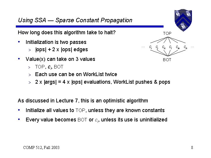 Using SSA — Sparse Constant Propagation How long does this algorithm take to halt?