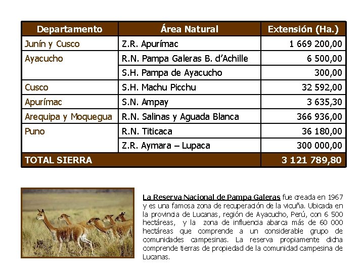 Departamento Área Natural Junín y Cusco Z. R. Apurímac Ayacucho R. N. Pampa Galeras