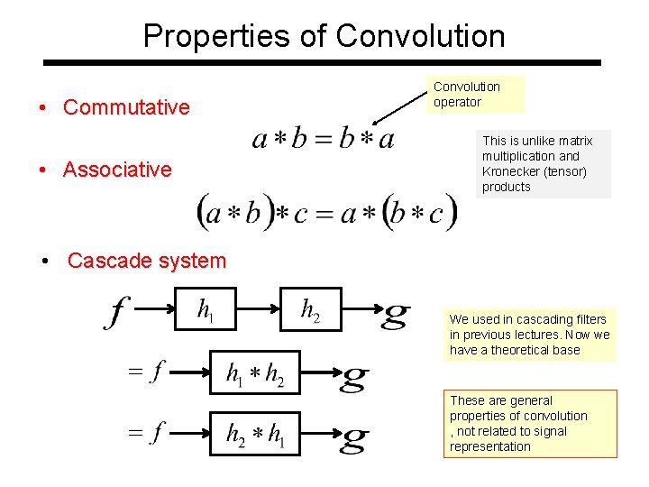 Properties of Convolution • Commutative • Associative Convolution operator This is unlike matrix multiplication