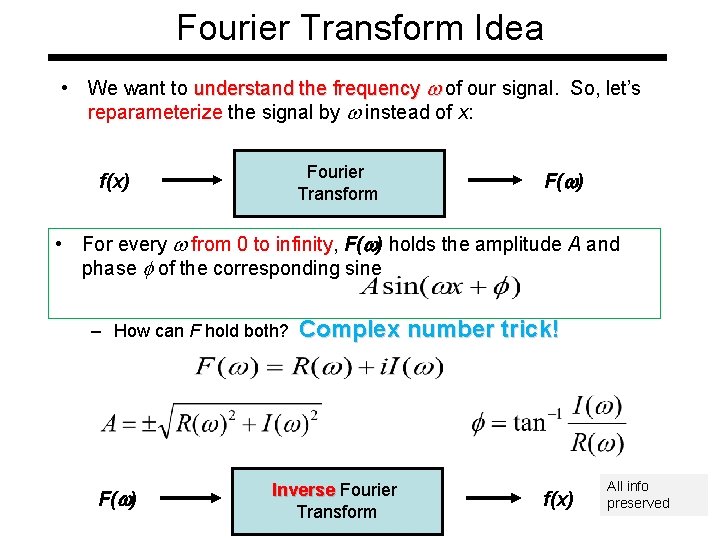 Fourier Transform Idea • We want to understand the frequency w of our signal.