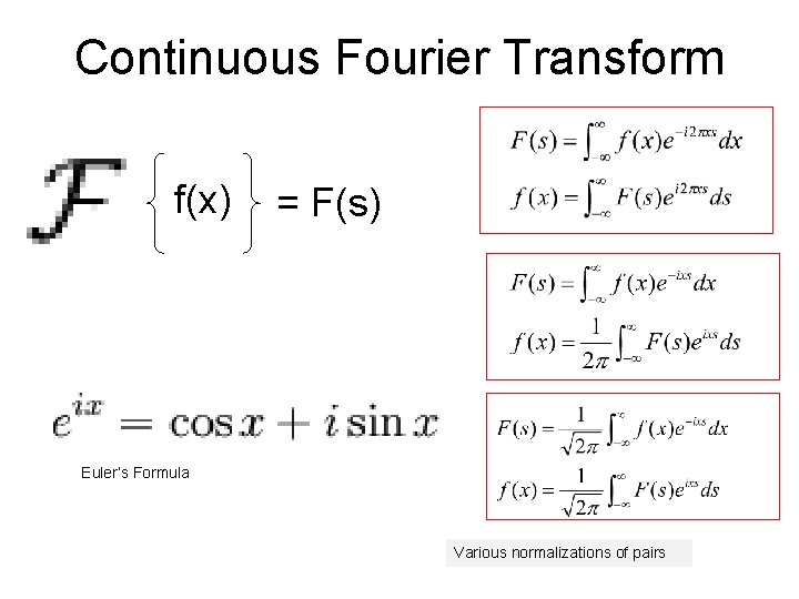 Continuous Fourier Transform f(x) = F(s) Euler’s Formula Various normalizations of pairs 