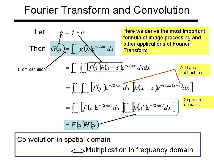 Fourier Transform and Convolution Let Then From definition Here we derive the most important