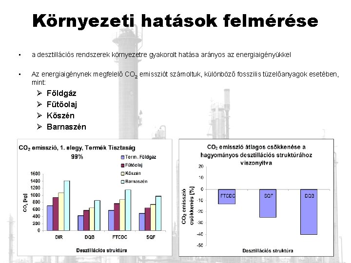 Környezeti hatások felmérése • a desztillációs rendszerek környezetre gyakorolt hatása arányos az energiaigényükkel •