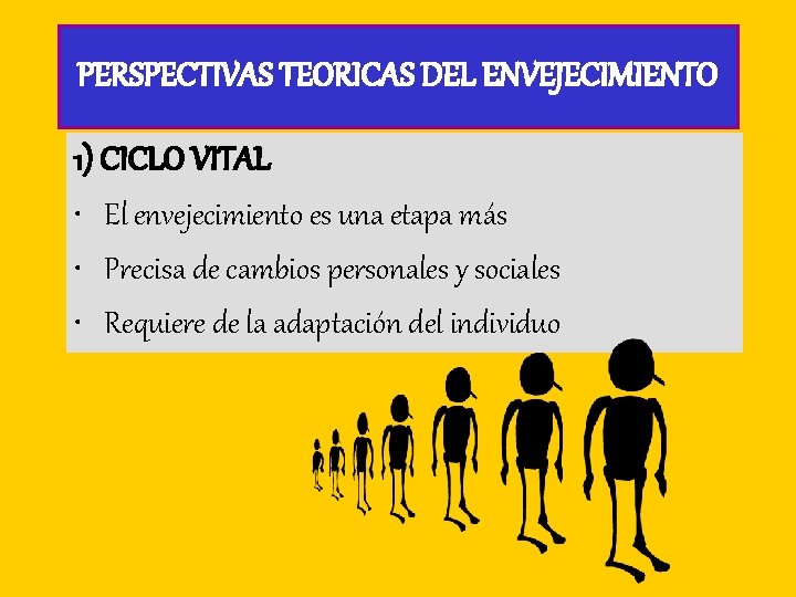 PERSPECTIVAS TEORICAS DEL ENVEJECIMIENTO 1) CICLO VITAL • El envejecimiento es una etapa más