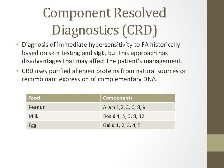 Component Resolved Diagnostics (CRD) • Diagnosis of immediate hypersensitivity to FA historically based on