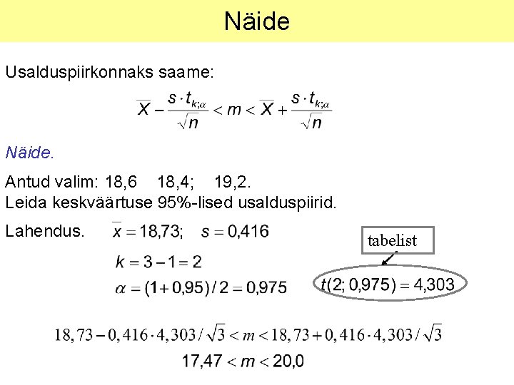 Näide Usalduspiirkonnaks saame: Näide. Antud valim: 18, 6 18, 4; 19, 2. Leida keskväärtuse