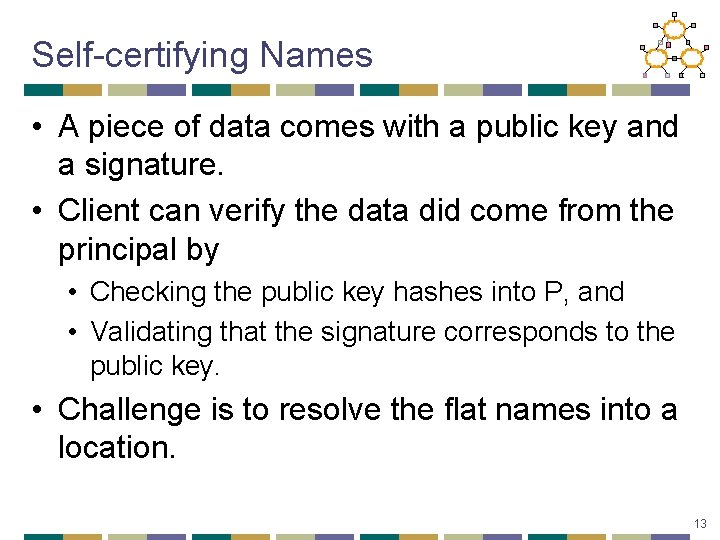 Self-certifying Names • A piece of data comes with a public key and a