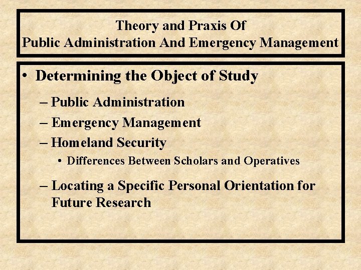 Theory and Praxis Of Public Administration And Emergency Management • Determining the Object of
