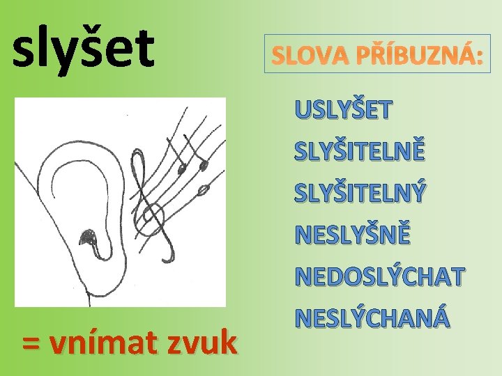 slyšet SLOVA PŘÍBUZNÁ: USLYŠET SLYŠITELNĚ = vnímat zvuk SLYŠITELNÝ NESLYŠNĚ NEDOSLÝCHAT NESLÝCHANÁ 