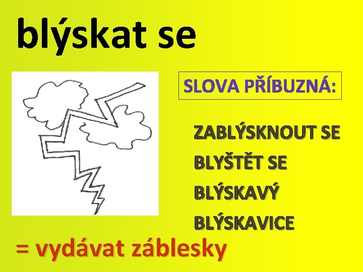 blýskat se SLOVA PŘÍBUZNÁ: ZABLÝSKNOUT SE BLYŠTĚT SE BLÝSKAVÝ BLÝSKAVICE = vydávat záblesky 