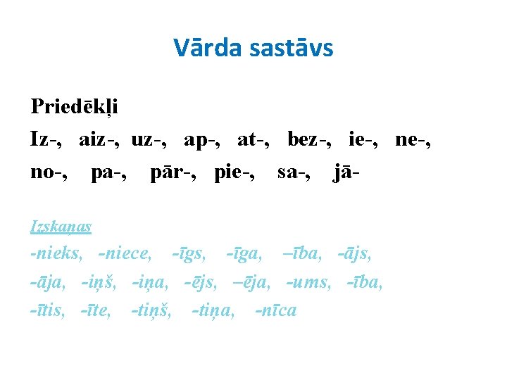 Vārda sastāvs Priedēkļi Iz-, aiz-, uz-, ap-, at-, bez-, ie-, no-, pa-, pār-, pie-,