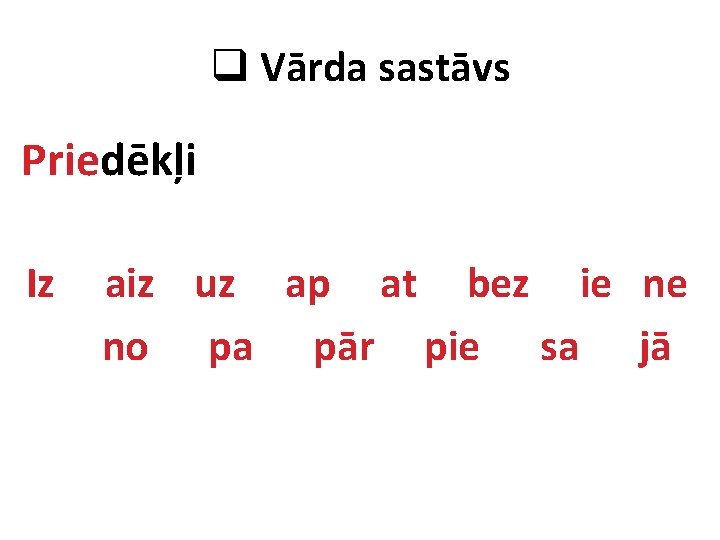 q Vārda sastāvs Priedēkļi Iz aiz uz ap at bez ie ne no pa