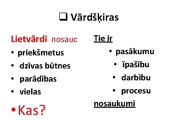 q Vārdšķiras Lietvārdi nosauc • • priekšmetus dzīvas būtnes parādības vielas • Kas? Tie