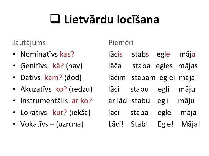 q Lietvārdu locīšana Jautājums • Nominatīvs kas? • Ģenitīvs kā? (nav) • Datīvs kam?