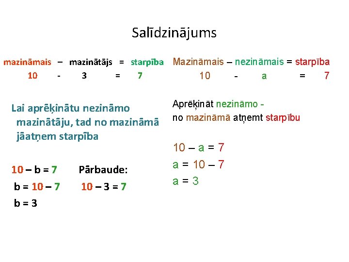 Salīdzinājums mazināmais – mazinātājs = starpība Mazināmais – nezināmais = starpība 10 3 =