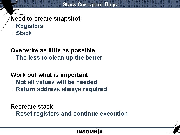 Stack Corruption Bugs Need to create snapshot : Registers : Stack Overwrite as little