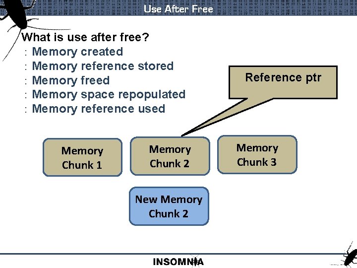 Use After Free What is use after free? : Memory created : Memory reference