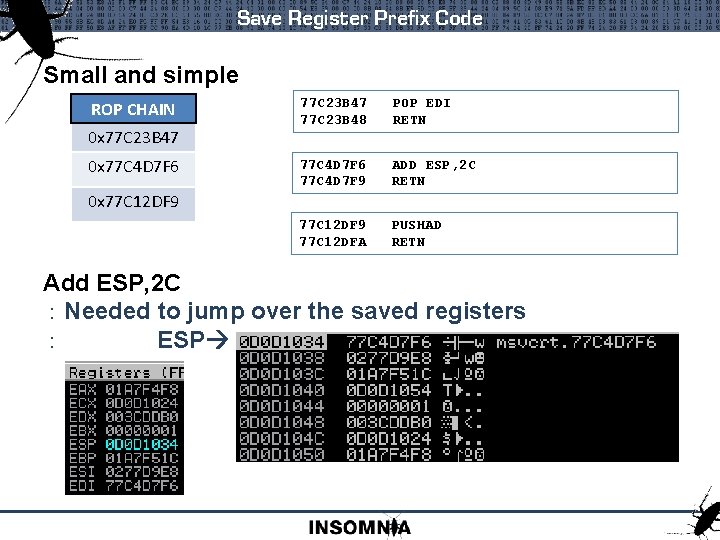 Save Register Prefix Code Small and simple ROP CHAIN 0 x 77 C 23