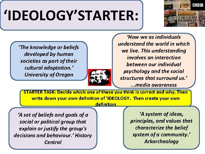 ‘IDEOLOGY’STARTER: ‘The knowledge or beliefs developed by human societies as part of their cultural
