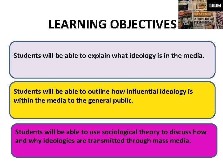 LEARNING OBJECTIVES Students will be able to explain what ideology is in the media.