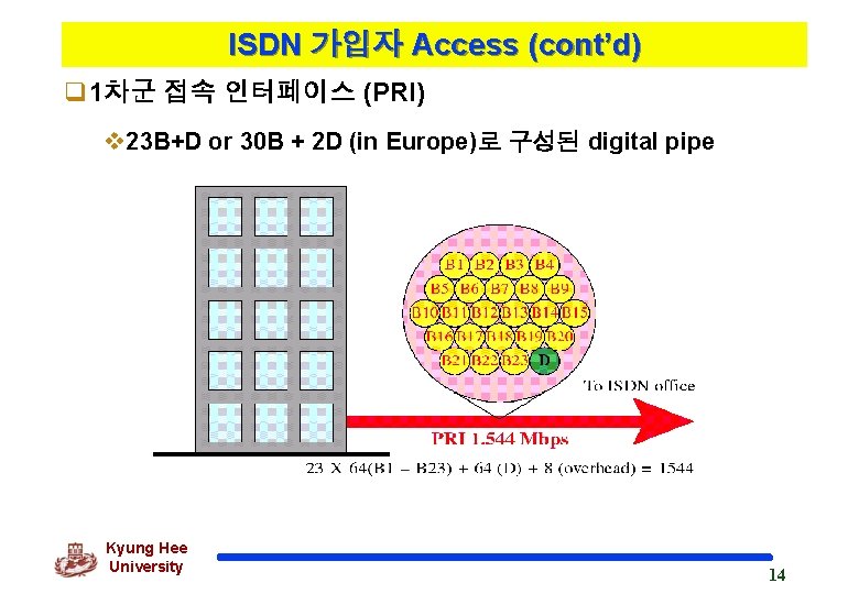 ISDN 가입자 Access (cont’d) q 1차군 접속 인터페이스 (PRI) v 23 B+D or 30