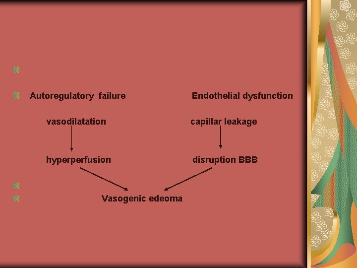 Autoregulatory failure Endothelial dysfunction vasodilatation capillar leakage hyperperfusion disruption BBB Vasogenic edeoma 
