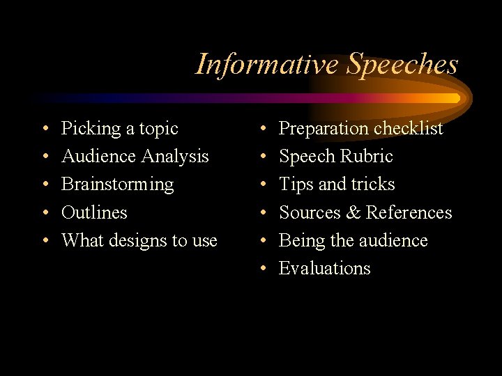 Informative Speeches • • • Picking a topic Audience Analysis Brainstorming Outlines What designs