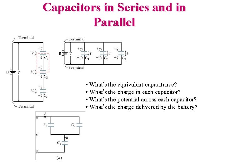 Capacitors in Series and in Parallel • What’s the equivalent capacitance? • What’s the