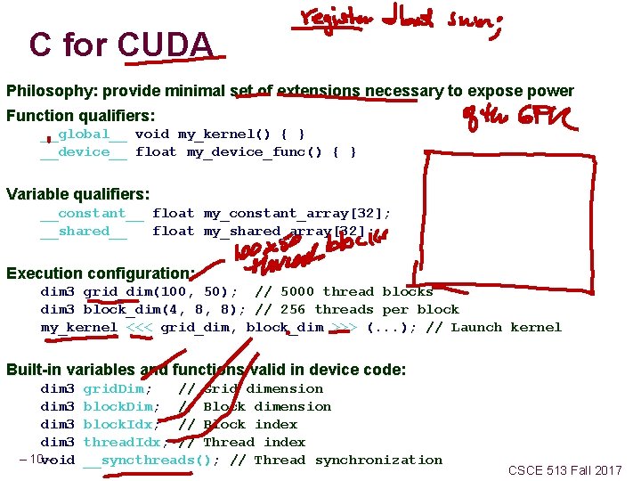 C for CUDA Philosophy: provide minimal set of extensions necessary to expose power Function