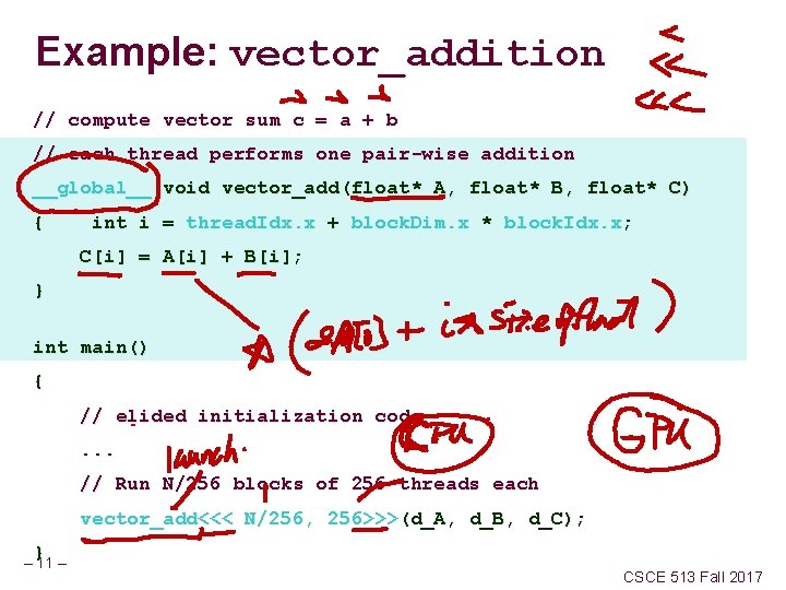 Example: vector_addition // compute vector sum c = a + b // each thread
