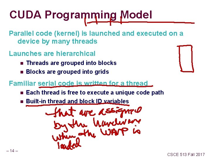 CUDA Programming Model Parallel code (kernel) is launched and executed on a device by